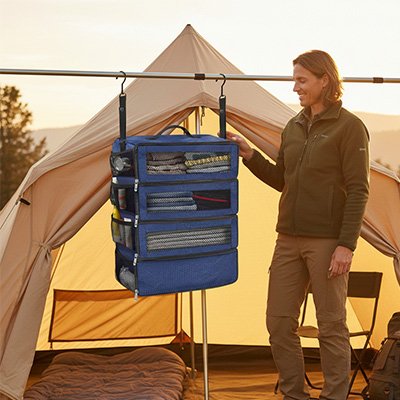 Organisateur de valise suspendu devant une tente au coucher du soleil, idéal pour organiser efficacement ses vêtements en voyage.