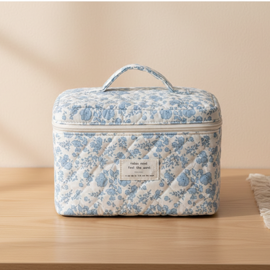 Organisateur de maquillage fleuri bleu, format vanity avec poignée, présentation produit sur bureau clair