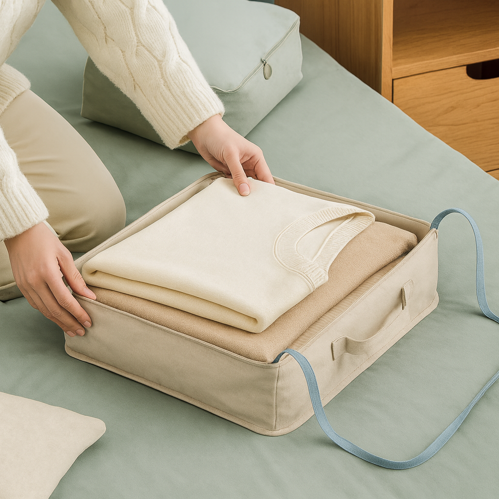 Organisateur valise beige 7 pièces utilisé pour plier et ranger des vêtements dans un compartiment textile avant le départ en voyage.