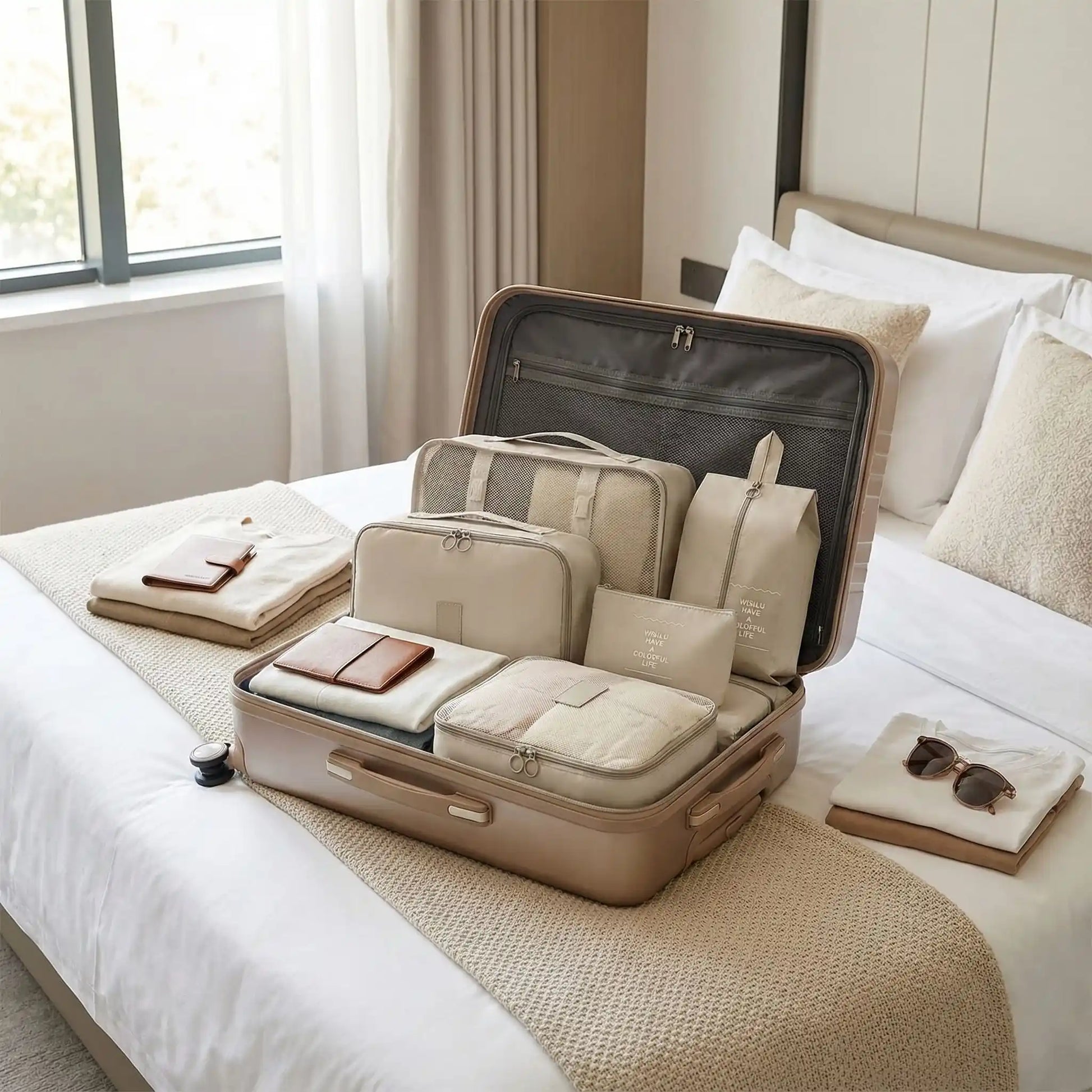 Organisateur valise beige 7 pièces rangé dans une valise ouverte style old school sur un lit d'hotel cozy, démontre un idéal pour organiser vêtements et accessoires.