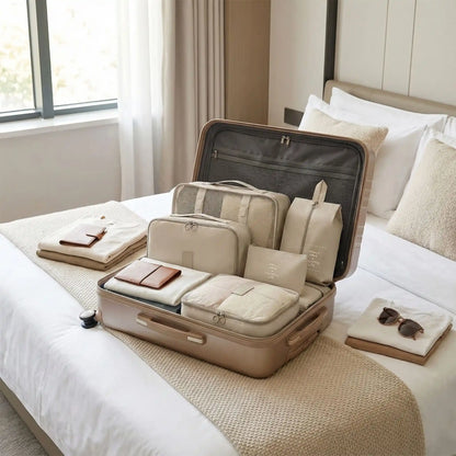 Organisateur valise beige 7 pièces rangé dans une valise ouverte style old school sur un lit d'hotel cozy, démontre un idéal pour organiser vêtements et accessoires.