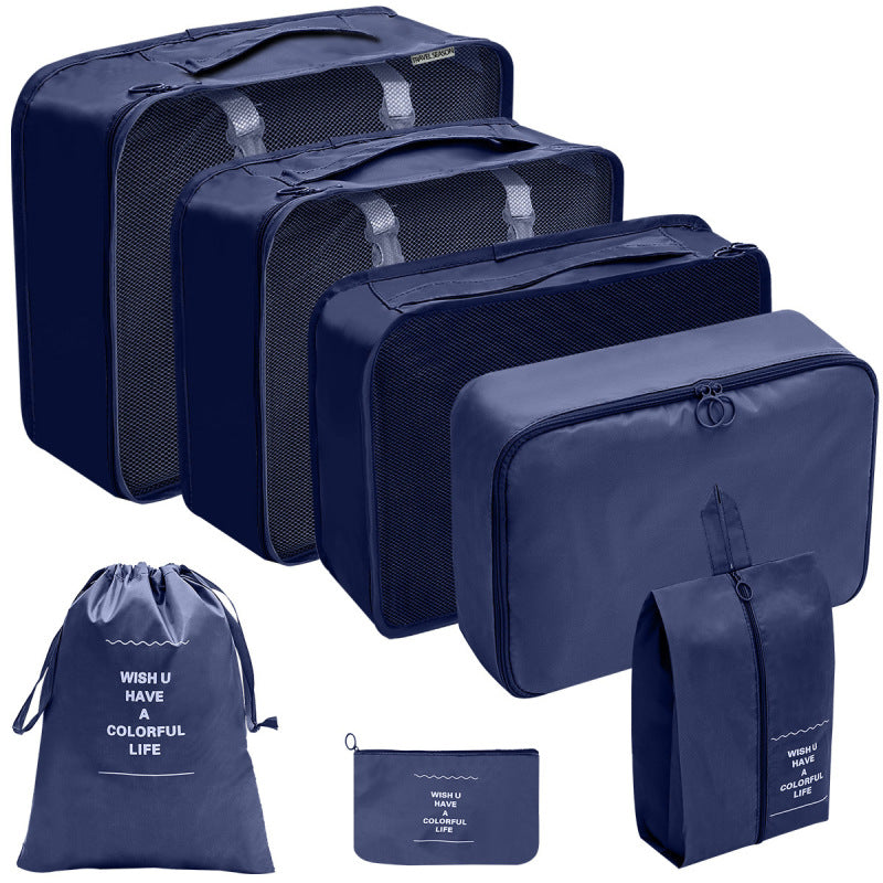 Organisateur valise noir 7 pièces bleu composé de pochettes zippées et sacs en maille pour un rangement efficace en voyage.