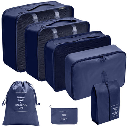 Organisateur valise noir 7 pièces bleu composé de pochettes zippées et sacs en maille pour un rangement efficace en voyage.