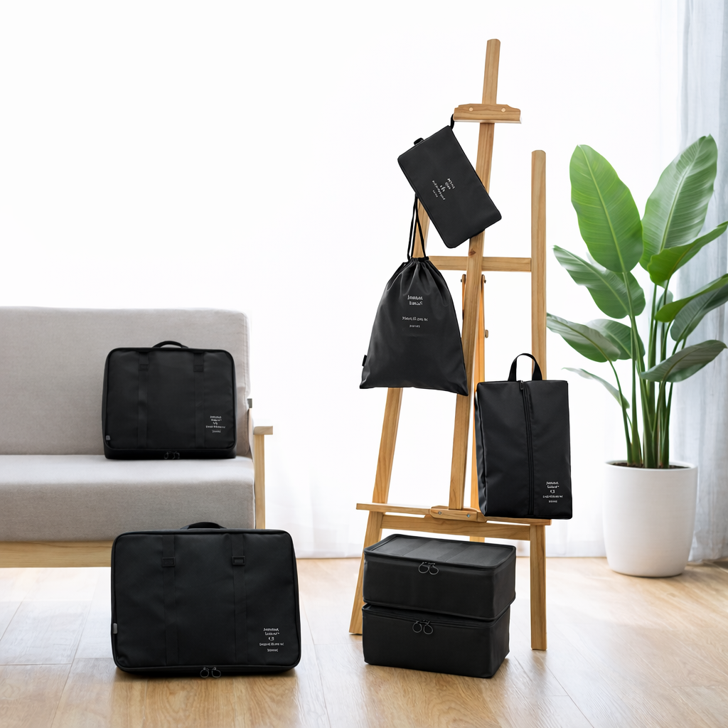 Organisateur valise noir 7 pièces présenté dans un intérieur moderne avec sacs suspendus et pochettes pour un rangement élégant.