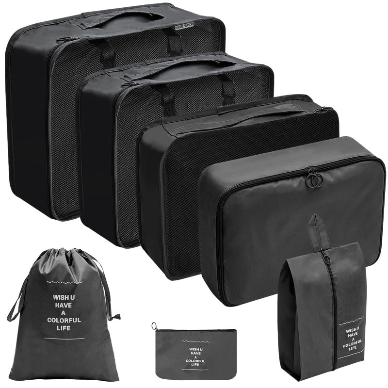 Organisateur valise bleu 7 pièces avec compartiments zippés et sacs en maille pour organiser vêtements et accessoiresde couleur noir