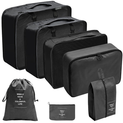 Organisateur valise bleu 7 pièces avec compartiments zippés et sacs en maille pour organiser vêtements et accessoiresde couleur noir
