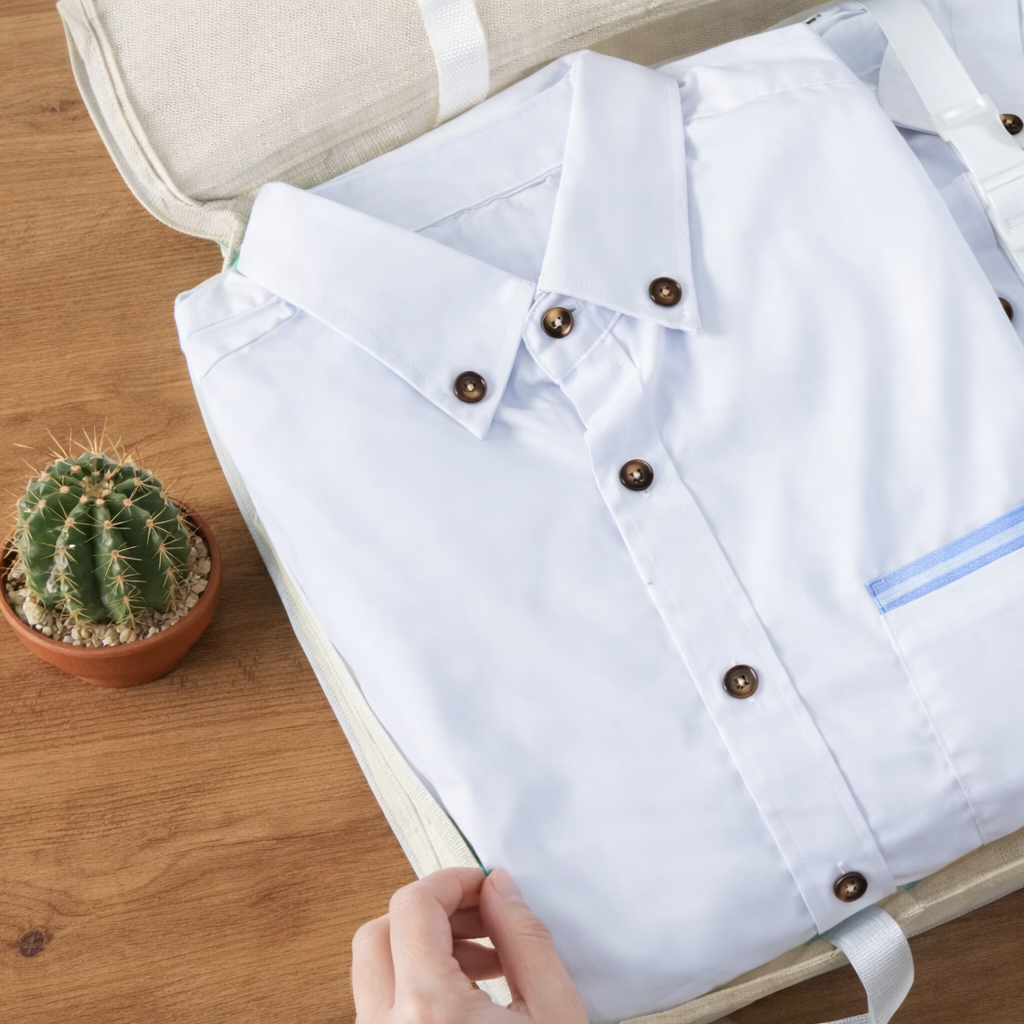 Organisateur valise 7 pièces avec compartiment textile beige permettant de ranger des chemises pliées sans les froisser en voyage. Attention au Cactus