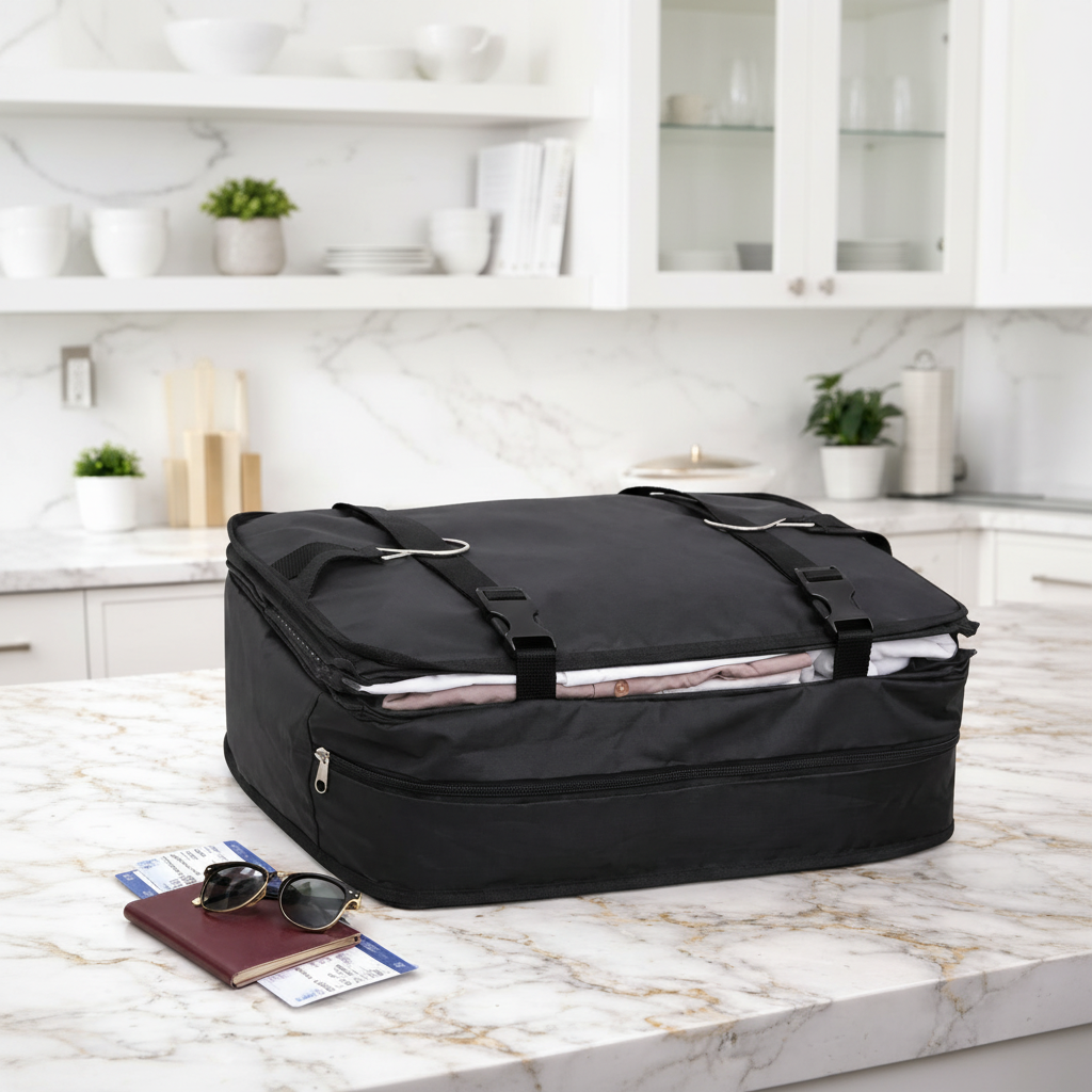 organisateur valise noir compressé contenant des vêtements pliés, posé sur un plan de travail avec passeport et lunettes, prêt pour le voyage.