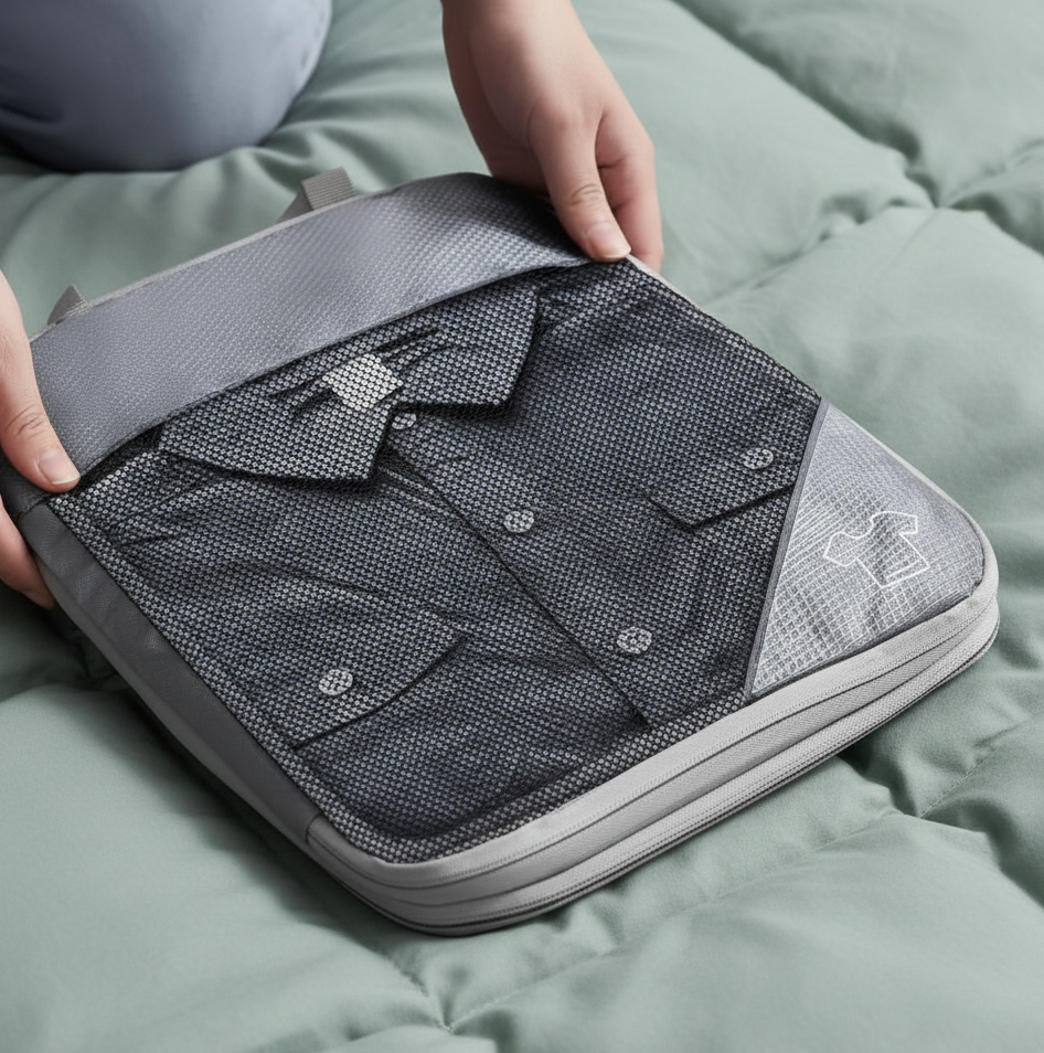 Organisateurs de valise gris compressé sur un lit, vêtements bien maintenus, solution pratique pour optimiser l’espace en voyage.