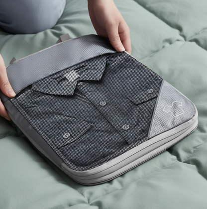 Organisateurs de valise gris compressé sur un lit, vêtements bien maintenus, solution pratique pour optimiser l’espace en voyage.