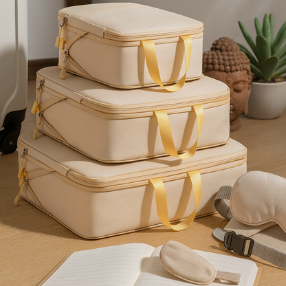 Organisateur valise élégant et robuste 3pcs beige, sacs de compression voyage empilés, poignées solides, design premium pour un rangement optimisé en déplacement.