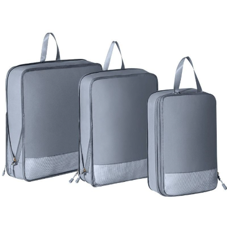 Organisateur valise élégant et robuste 3pcs gris, sacs de compression voyage sur fond blanc, visibilité claire des tailles pour un rangement structuré.