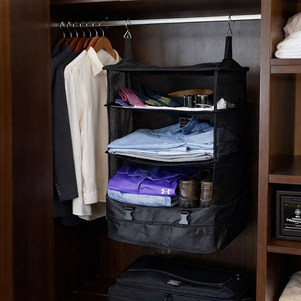 Organisateur valise suspendu dans un placard d’hôtel, avec vêtements pliés, chaussures et accessoires rangés sur plusieurs compartiments en filet.