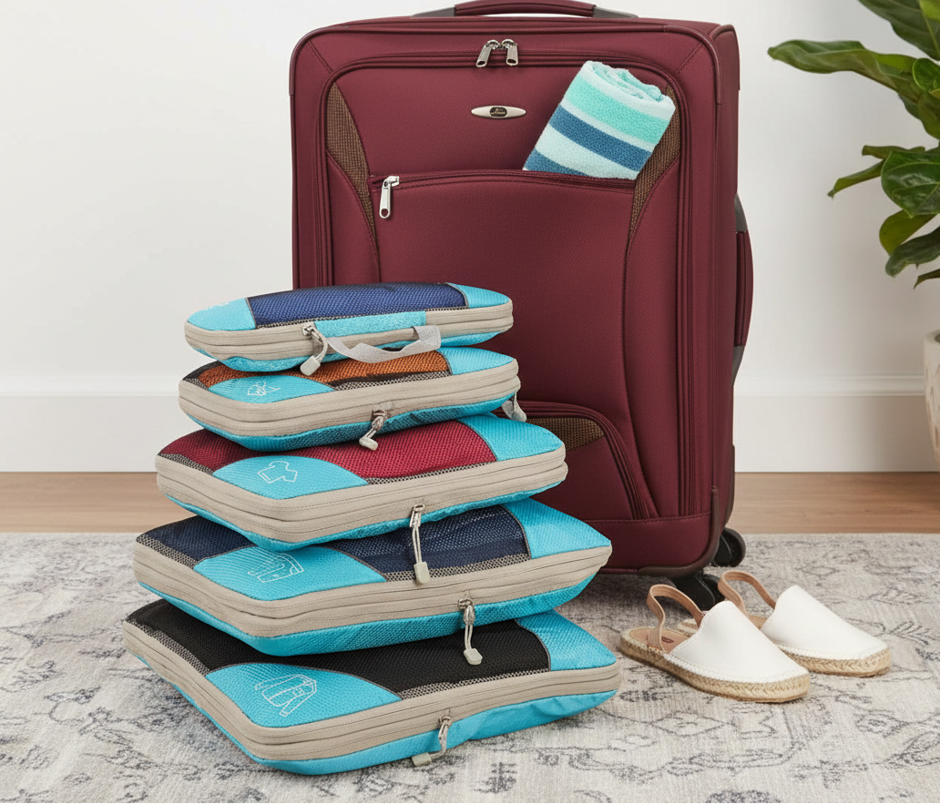 Organisateurs de valise bleu caraïbe empilé devant une valise bordeaux, rangement optimisé, ambiance intérieure moderne et lumineuse.