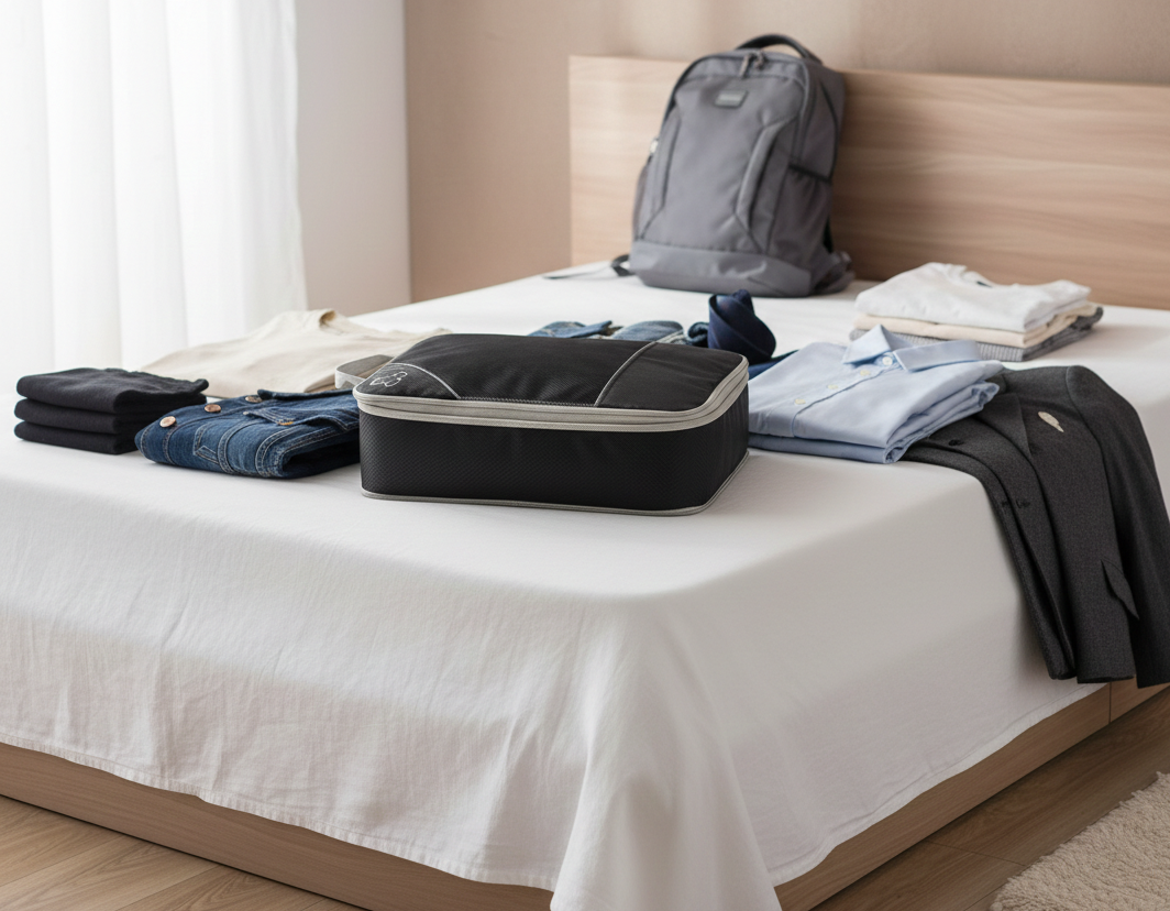 Organisateurs de valise noir posé sur un lit de chambre moderne, rangement élégant et efficace pour préparer un séjour organisé.