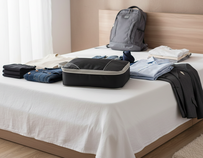 Organisateurs de valise noir posé sur un lit de chambre moderne, rangement élégant et efficace pour préparer un séjour organisé.