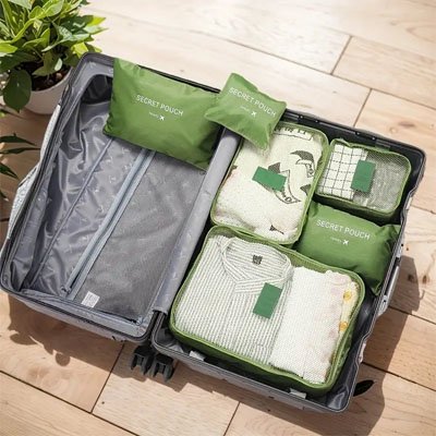 organisation sac de rangement vert dans valise