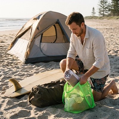 Papa et son Sac de Plage Pliable Toujours dans Mon Sac vert