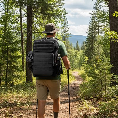 pendant un magnifique journée, un homme est en randonnée avec le sac à dos voyage noir et bâtons de marche. 