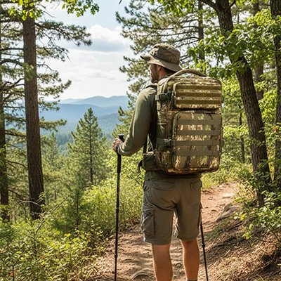 pendant un magnifique journée, un homme est en randonnée avec le sac à dos voyage et bâtons de marche. 