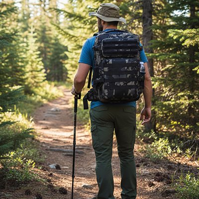 pendant un magnifique journée, un homme est en randonnée avec le sac à dos voyage gris foncé de style cammouflage et bâtons de marche. 