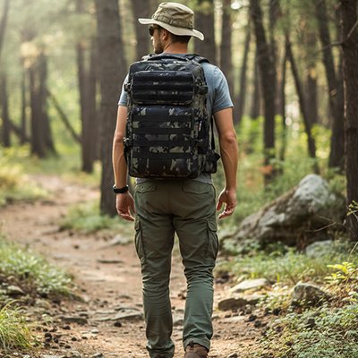 pendant un magnifique journée, un homme est en randonnée avec le sac à dos voyage