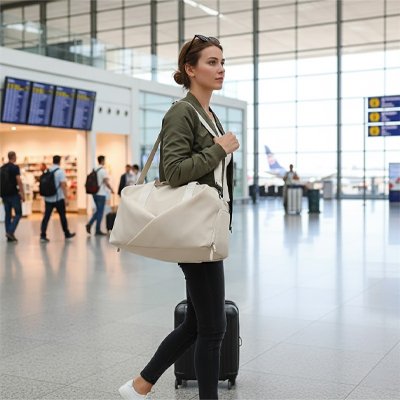 Personne avec Sac de voyage femme direction avion avec valise roulette