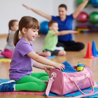 petite fille à la crèche au cours de sport sortant une petite serviette bleu avec Sac week end pour fille rose