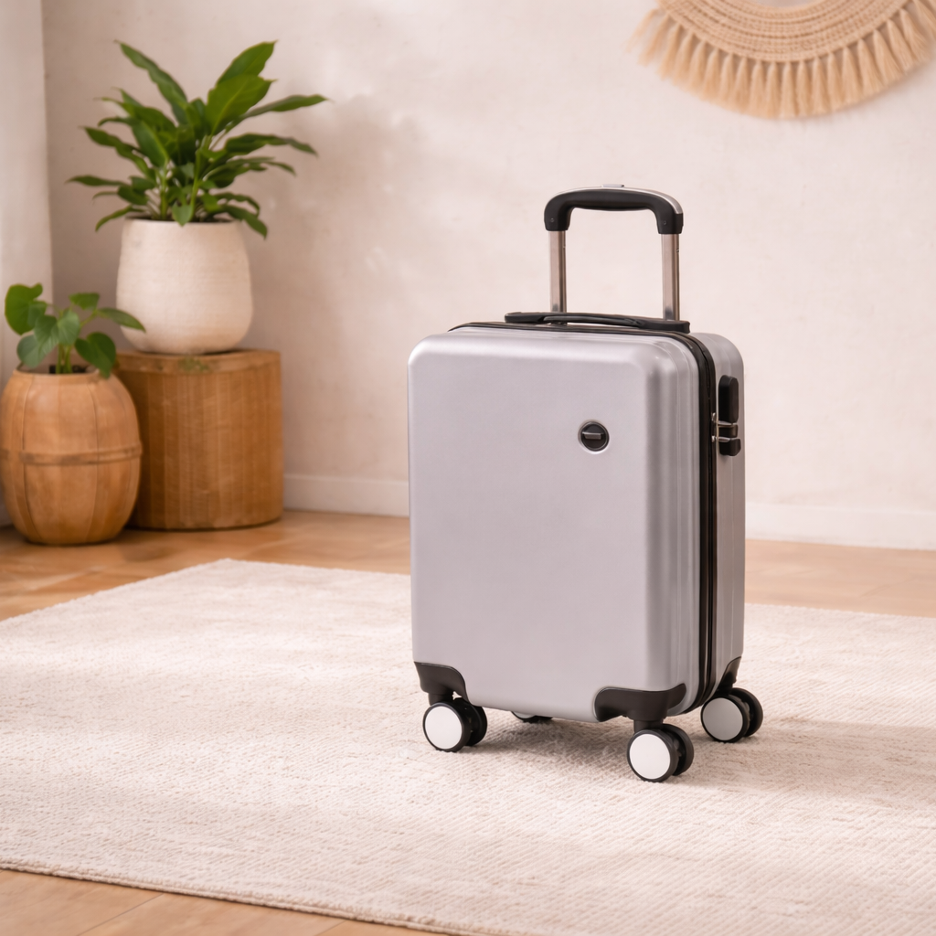 petite valise dimension Ryanair grise avec poignée télescopique et 4 roues dans décor minimaliste clair