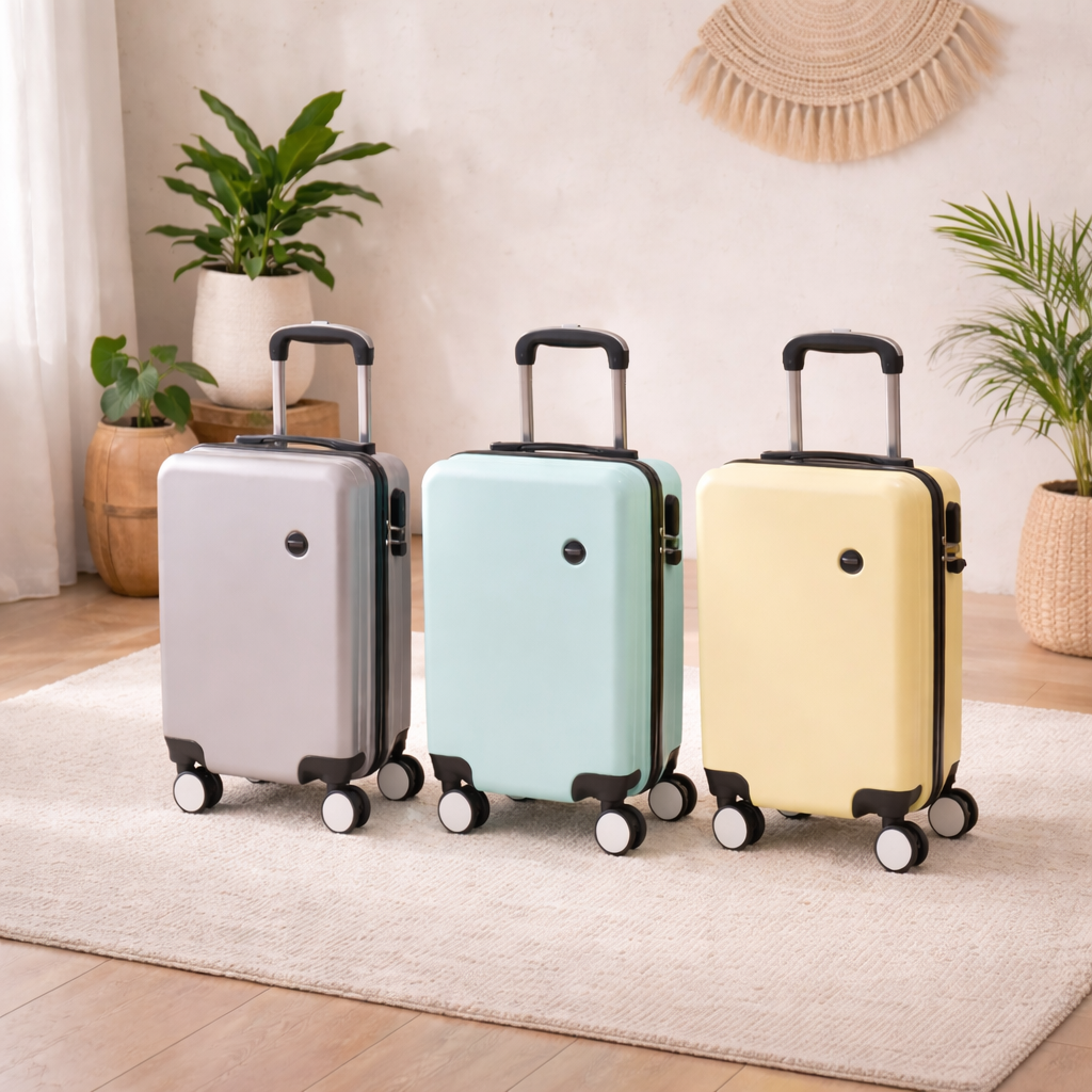 Petite valise aux dimensions Ryanair — grise, bleue et jaune — présentées dans un salon zen sur un tapis avec des plantes.