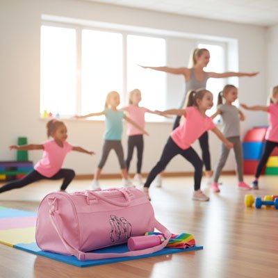 Plusieurs fillette faisant du yoga Sac week end pour fille rose en avant plan