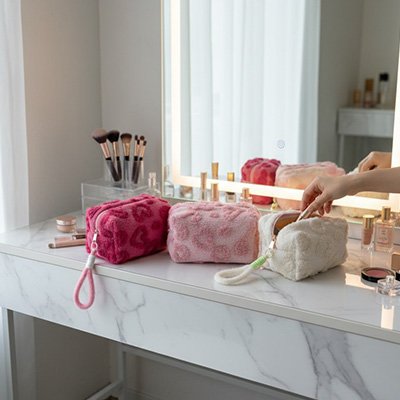 Pochette maquillage en tissu doux, rose, fuchsia et crème