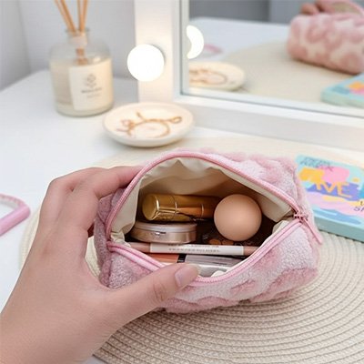 Pochette maquillage rose moelleuse, ouverte sur coiffeuse et produits 