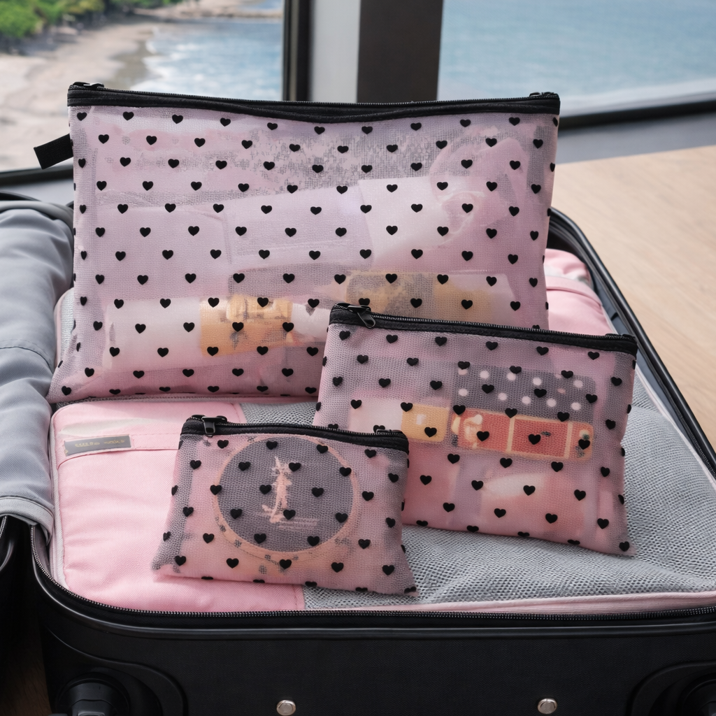Pochette de maquillage rose, trois grandeurs, dans une valise de cabine dans une chambre avec vue sur la mer