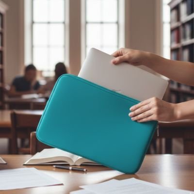 Pochette ordinateur bleue élégante, tenue à la main dans une bibliothèque, protégeant un ordinateur portable lors des études ou du travail.