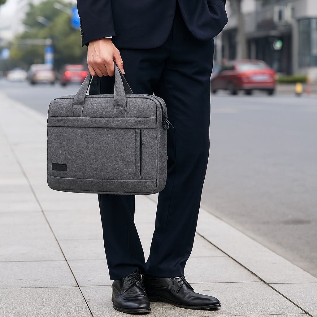 Homme en costume tenant une pochette ordinateur grise dans une rue urbaine moderne.