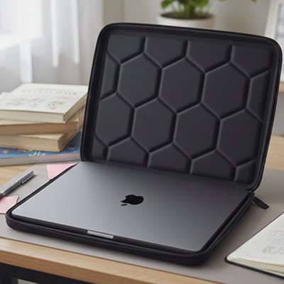 Pochette ordinateur noir ouverte sur bureau de travail montrant la protection qui est équipée de rembourrages de 5 mm d'épaisseur