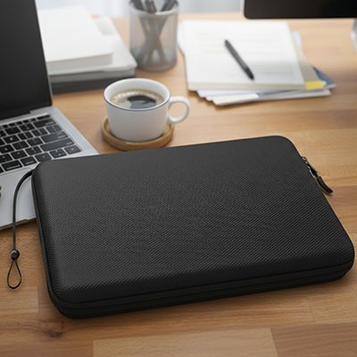 Pochette ordinateur noir robuste sur bureau de travail de haute densité, résistant aux éclaboussures, et ses fermetures YKK premium