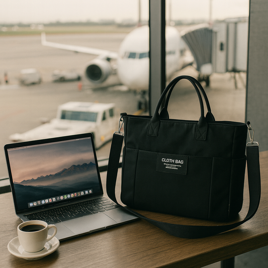 Pochette ordinateur pour femme noire posée sur une table à l’aéroport près d’un ordinateur portable avec un avion visible en arrière-plan.