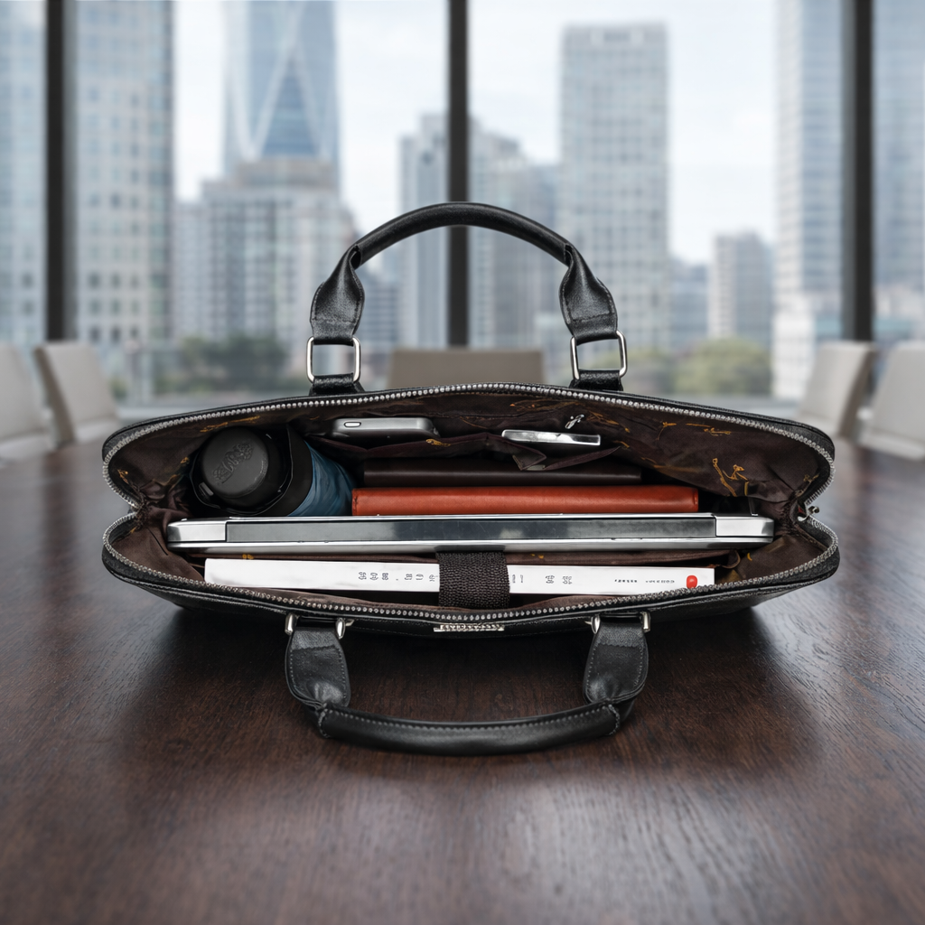 Pochette ordinateur homme noire ouverte posée sur une table de réunion, contenant un ordinateur portable, des documents et des accessoires dans un sac professionnel.