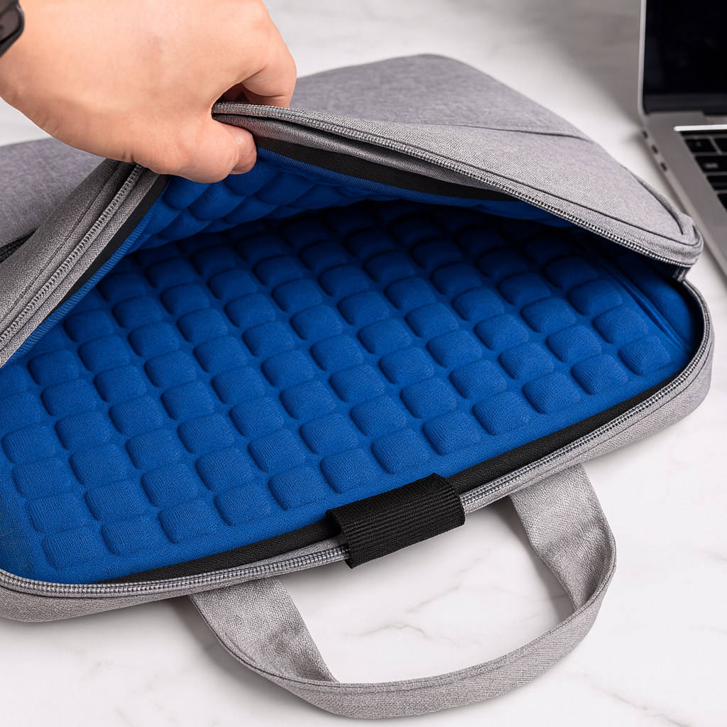 Intérieur rembourré bleu d’une pochette ordinateur ouverte montrant la protection du compartiment.