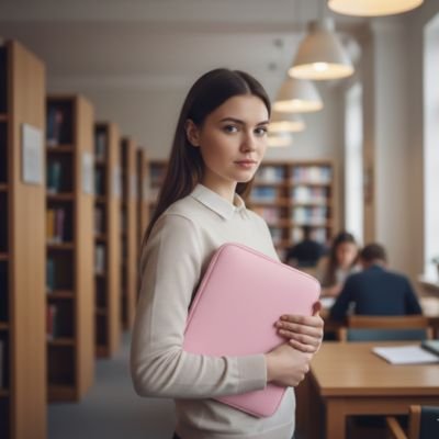 Pochette ordinateur rose chic tenue contre soi dans une bibliothèque, solution légère et élégante pour protéger un ordinateur en milieu étudiant