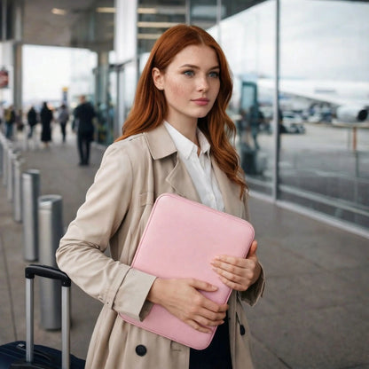 Pochette ordinateur rose élégante tenue par une femme à l’aéroport, idéale pour voyager avec un ordinateur portable en toute sécurité et avec style.
