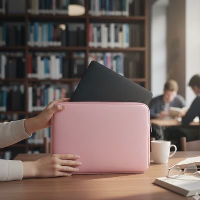 Pochette ordinateur rose pastel posée sur une table avec un ordinateur, accessoire élégant et protecteur pour le transport sécurisé au quotidien