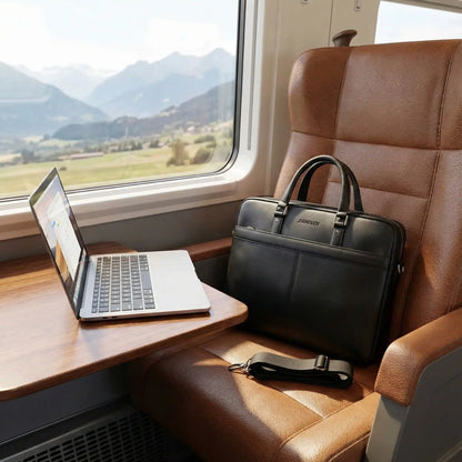 Pochette ordinateur posée sur un siège de train à côté d’un ordinateur portable avec paysage visible par la fenêtre.
