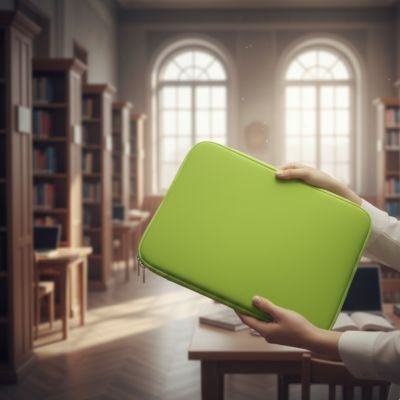 Pochette ordinateur vert clair présentée à deux mains dans une bibliothèque, housse moderne et protectrice pour ordinateur, usage travail ou étude.