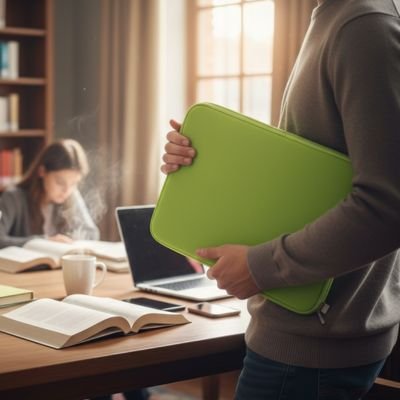 Pochette ordinateur verte au style minimaliste, portée dans une bibliothèque, idéale pour transporter et protéger un ordinateur au quotidien