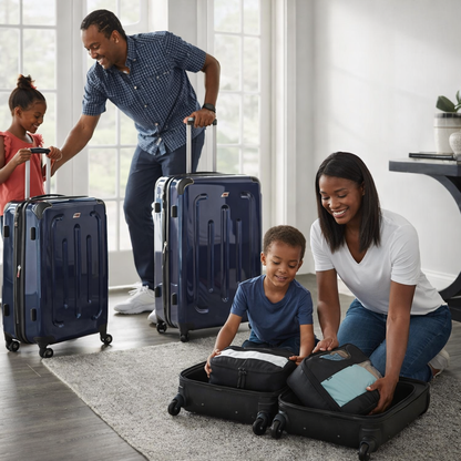 preparation d un voyage en famille maman aide fils a finir valise familiale avec organisateur de valise