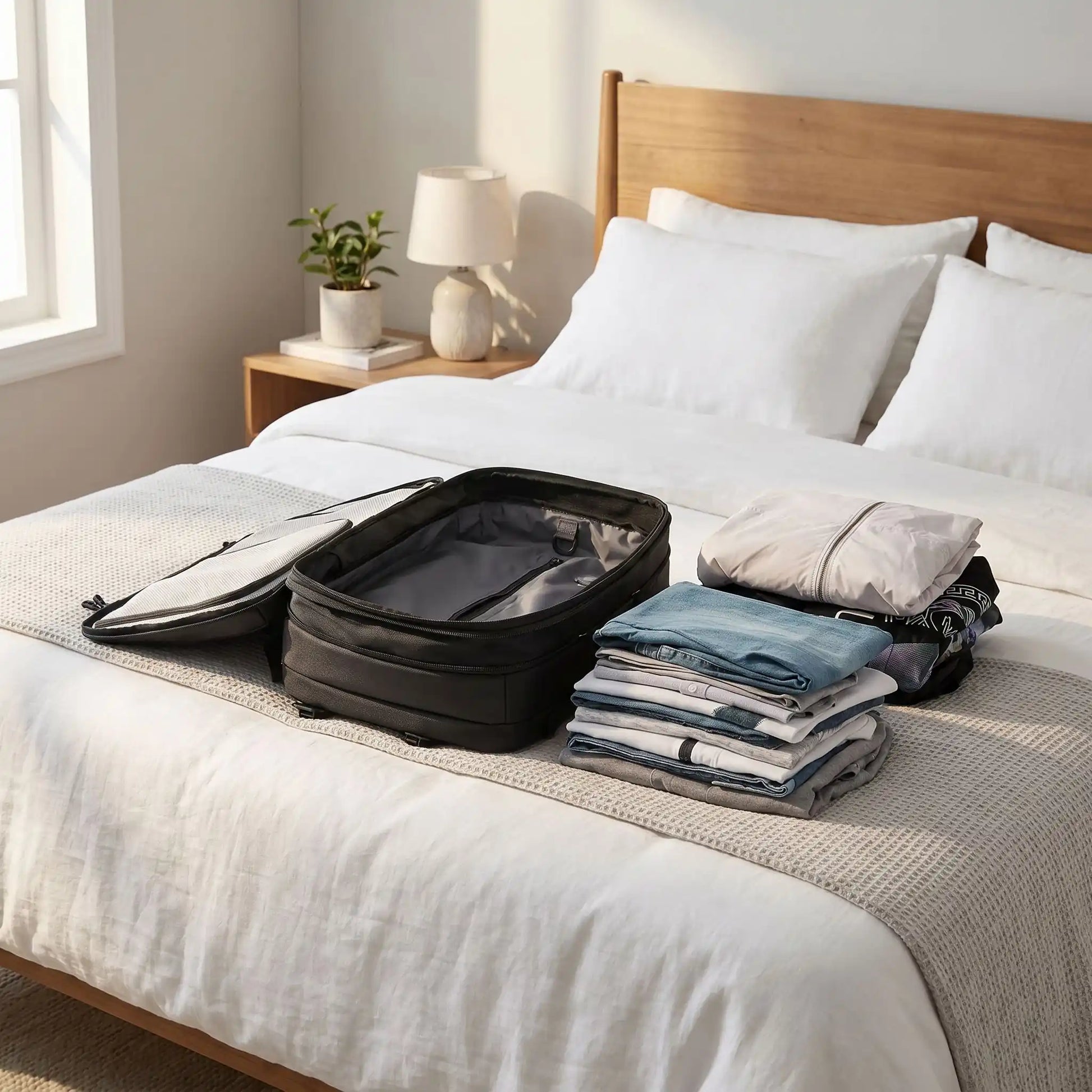 Préparation des vacances avec un bagage cabine posé sur un lit cosy