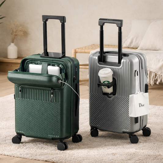 Présentation de la petite valise trolley Zen cabine argent et verte dans un salon moderne